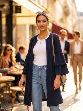 H&M Navy Blue Coat With Ruffled Sleeves Jacket Duster Cardigan Kimono Size XS